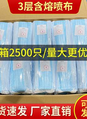 2500只整箱一次性口罩三层防护含熔喷布蓝色防晒透气厂家现货速发