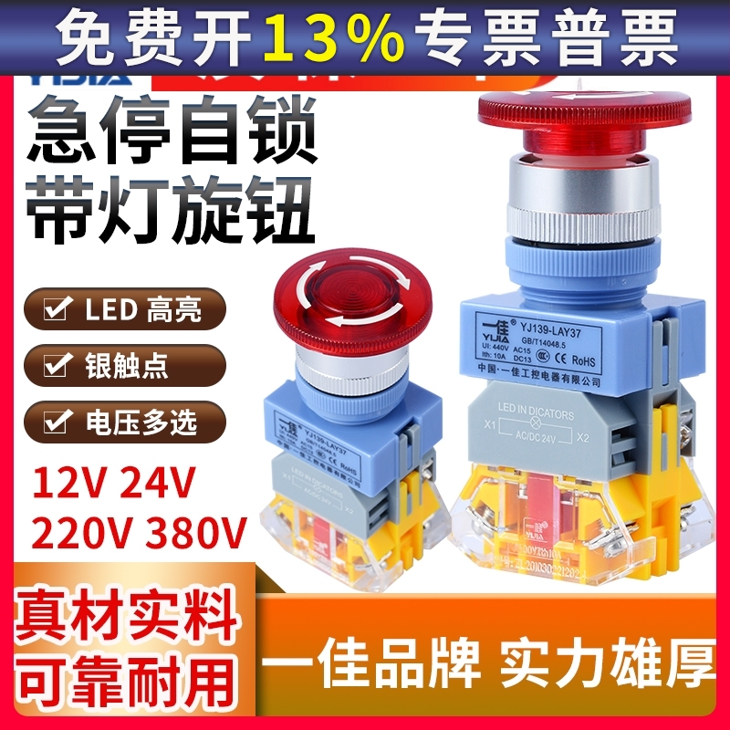 电源LAY37自锁带灯12V 24 220V蘑菇头急停开关紧急停止Y090-11ZSD