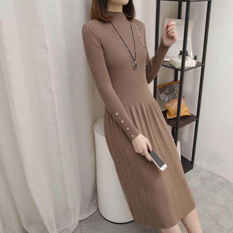 秋冬季中长款过膝打底毛衣女韩版钉纽扣修身半高领套头针织连衣裙|msdalam kategori Butik wanita / wanita, sweater - dari Buy2taobao.com untuk memberikan perkhidmatan ejen Taobao profesional membeli