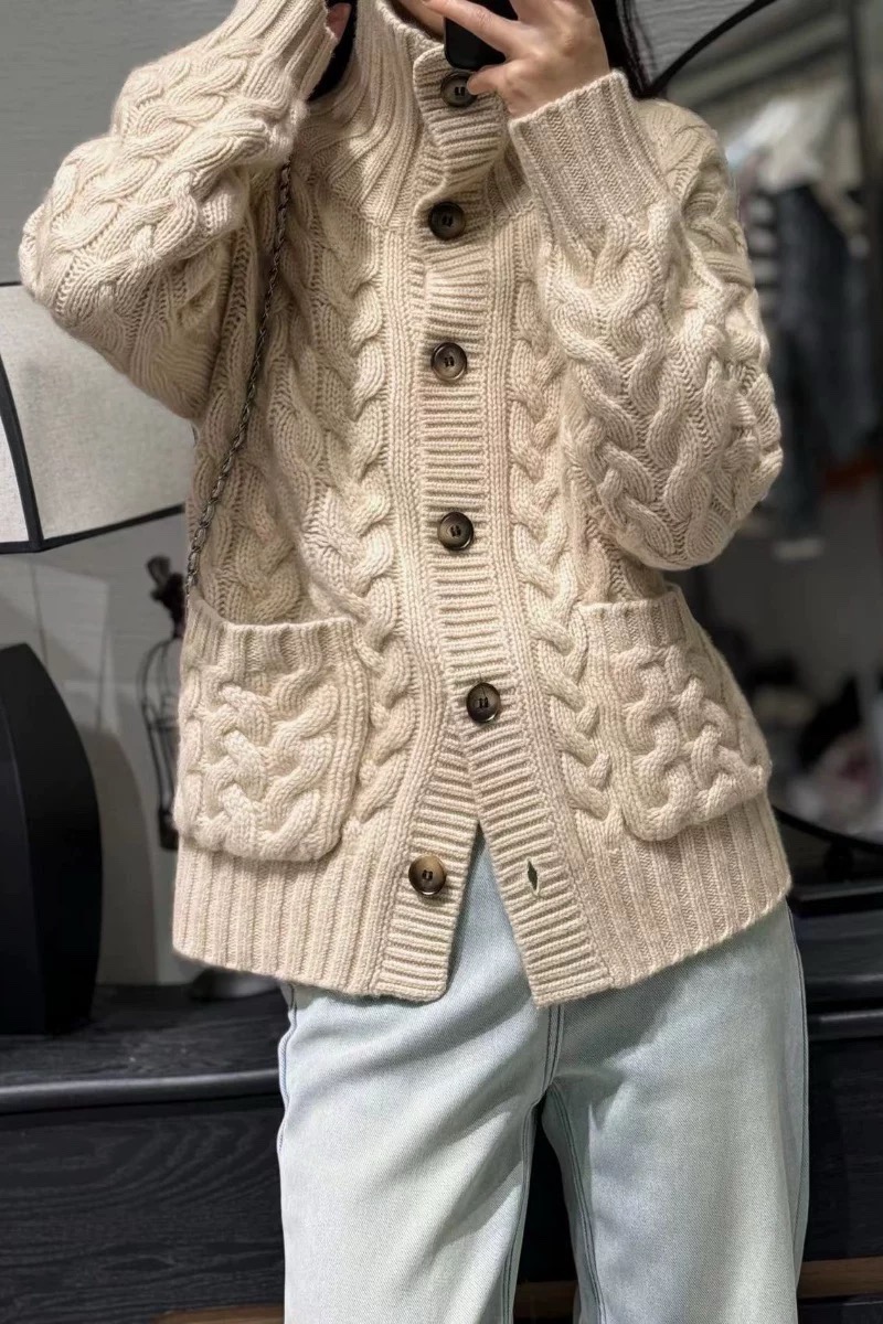 秋冬高领麻花开衫女纯山羊绒欧货高端新年红色加厚针织衫毛衣外套