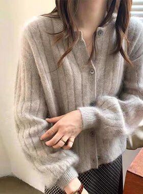 2025年新款羊毛衫竖条纹显瘦灯笼袖针织开衫外套女宽松慵懒毛衣