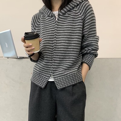 100%纯羊毛条纹帽衫女新款时尚宽松连帽双拉链针织开衫外套毛衣