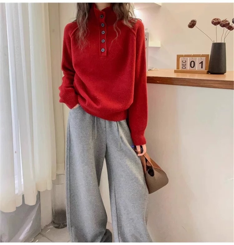 高级感！气质半开高领100纯羊毛针织衫女秋冬加厚打底衫宽松毛衣