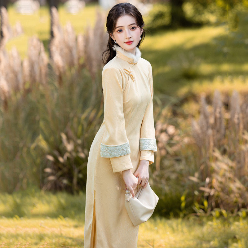 时尚华韵黄色加绒冬装国风新中式长款长袖旗袍2026新款年轻款女