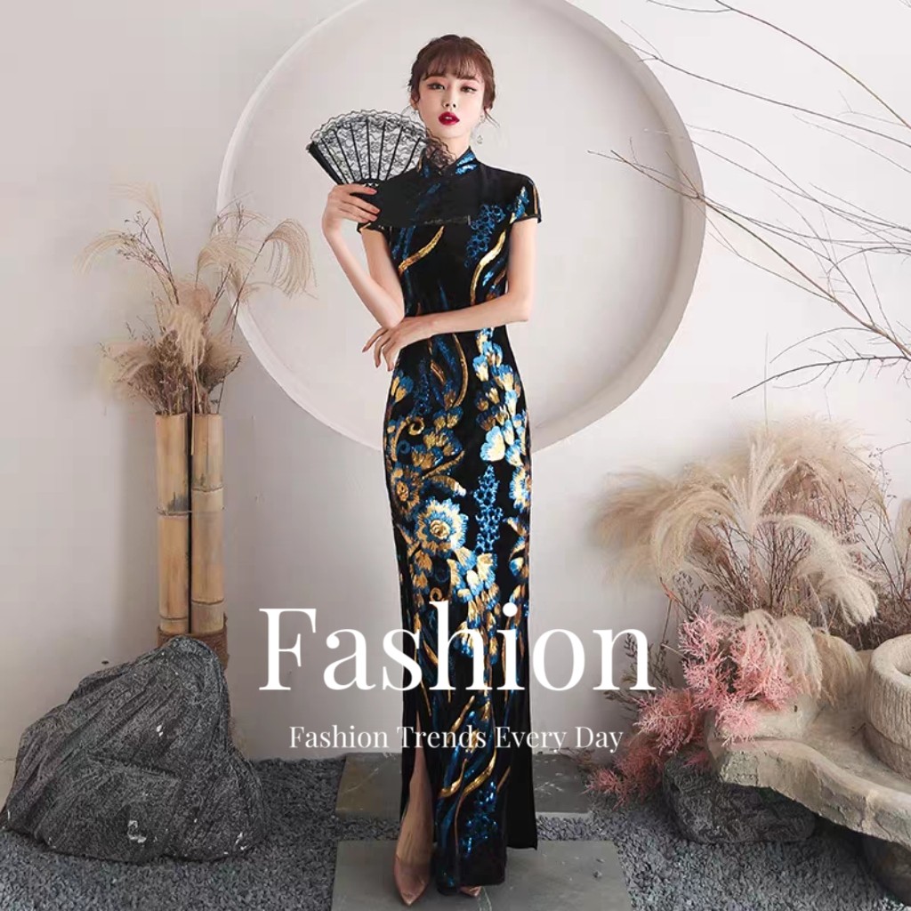 亮片丝绒国风中式加长款改良旗袍年轻款女复古修身高级感礼服