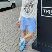 男女潮流宽松户外速干抽绳四五分裤 小众蓝色条纹沙滩短裤 美式 夏季