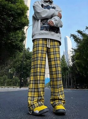 复古学院黄黑格子直筒裤宽松版型日常通勤卫裤潮流百搭休闲长裤子