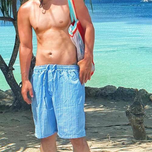 蓝色条纹短裤夏季男女宽松休闲抽绳沙滩阔腿裤度假百搭情侣五分裤