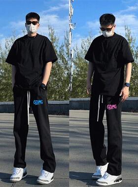 黑色篮球运动风印花卫裤春秋薄款青少年直筒裤学生透气潮流休闲裤