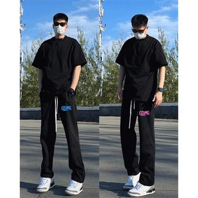 黑色篮球运动风印花卫裤春秋薄款青少年直筒裤学生透气潮流休闲裤