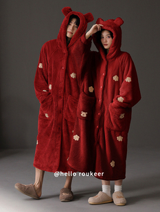 套装 情侣睡衣秋冬女式 珊瑚绒加厚晨衣婚礼新人红色生肖睡衣男式