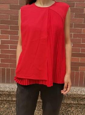 pu****cacion ga**ia 西班牙 简约 清新 百褶 无袖红色上衣 TOPS