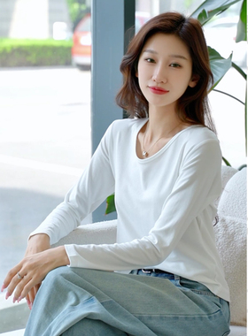 2025年初秋新款宽松高腰长袖小个子韩版螺纹白色t恤女洋气百搭isn
