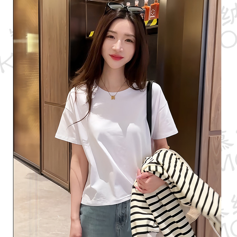 小个子洋气齐腰白色短袖t恤女2026夏季新款宽松高腰短款显瘦上衣图片