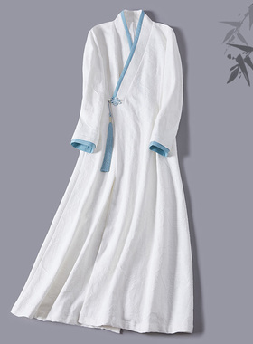 中国风秋冬新款改良汉服交领绣花长袖禅意茶服外搭中长款棉麻外套