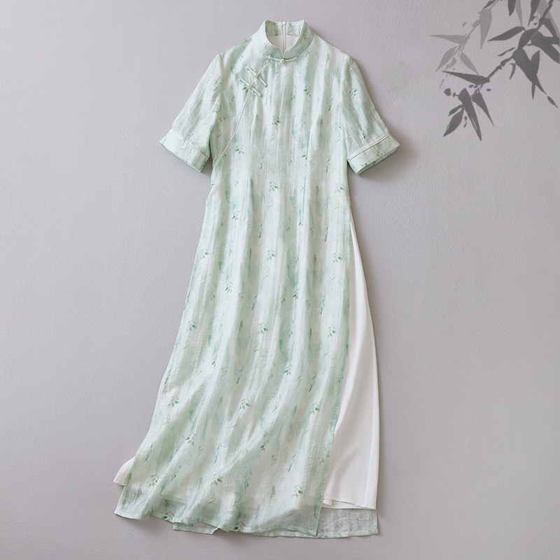 会吾良人春夏新中式国风改良奥黛旗袍修身禅茶服天丝麻印花连衣裙