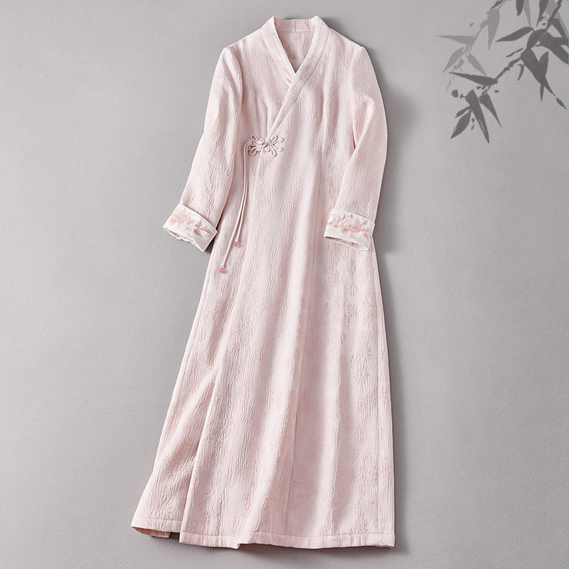 新中式连衣裙缎面提花加厚禅茶服