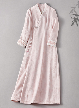 秋冬款新中式国风女装改良汉服交领刺绣禅意茶服加厚连衣裙外套女
