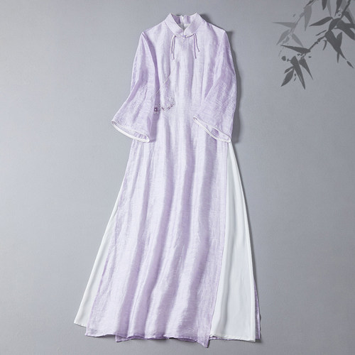 旗袍式天丝麻绣花复古修身连衣裙