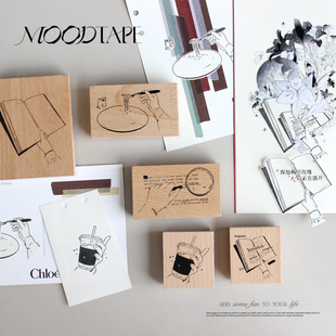 moodtape.意面冰美式哲学原创木质印章橡胶皮章文具mood可爱手帐