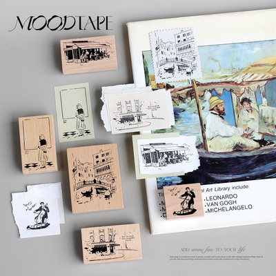 moodtape琴声看展街角咖啡原创木质印章橡胶皮章文具mood可爱手帐
