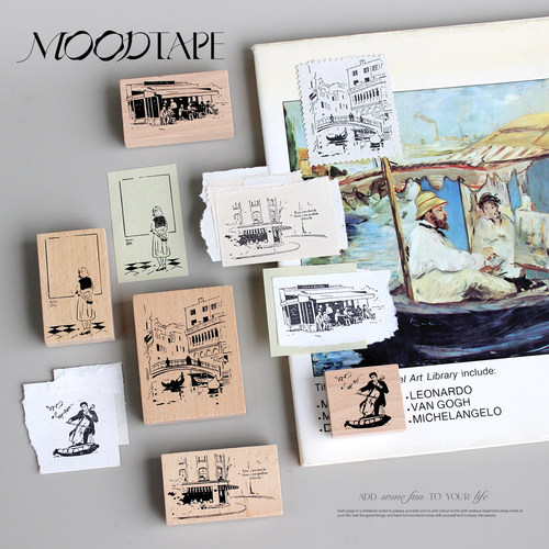 moodtape琴声看展街角咖啡原创木质印章橡胶皮章文具mood可爱手帐