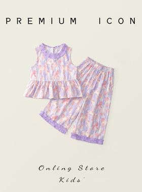 女童紫色花边夏季无袖套装2025新款儿童田园风碎花直筒裤套