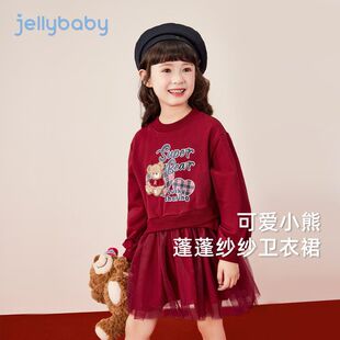 女童裙子春秋款大童可爱小熊纱裙宝宝秋季红色新款裙子儿童卫衣裙