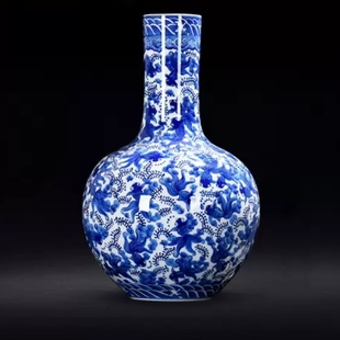 景德镇陶瓷器花瓶仿古手绘鱼纹青花瓷天球瓶客厅家居摆件收藏瓷
