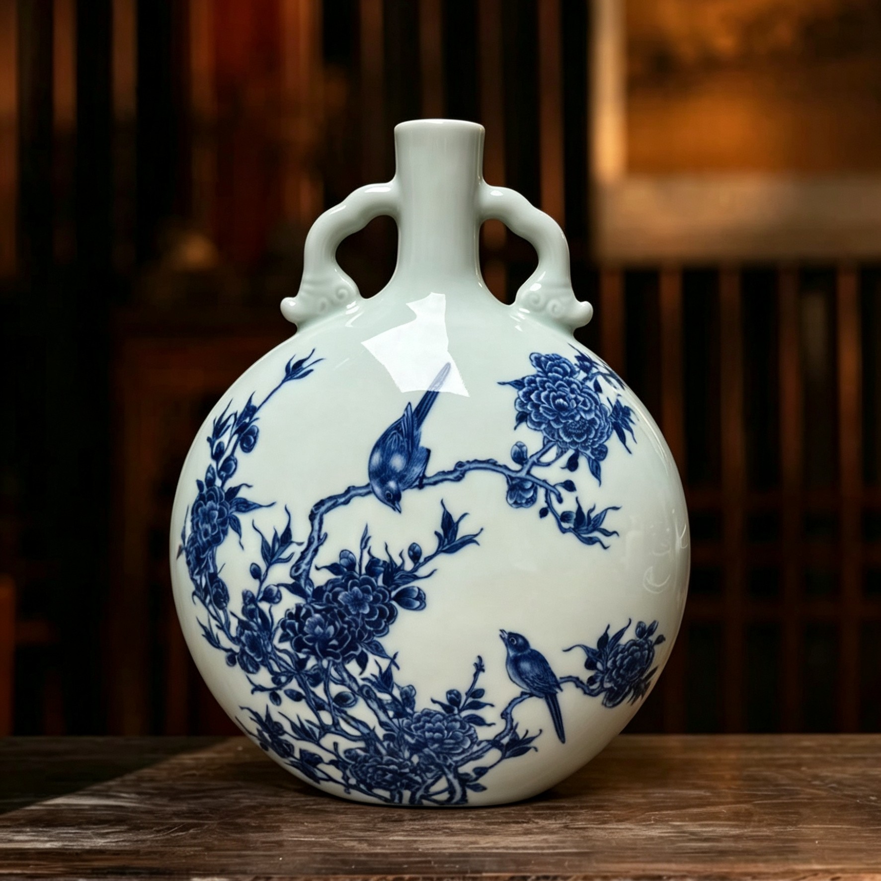 景德镇高端陶瓷仿古青花双面花鸟抱月瓶