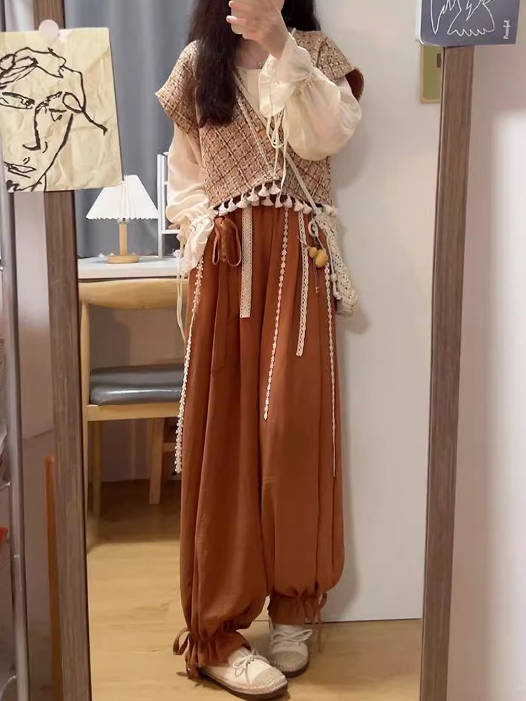 异域风情改良国风旅游套装秋季新款小香风马甲衬衫束脚长裤三件套