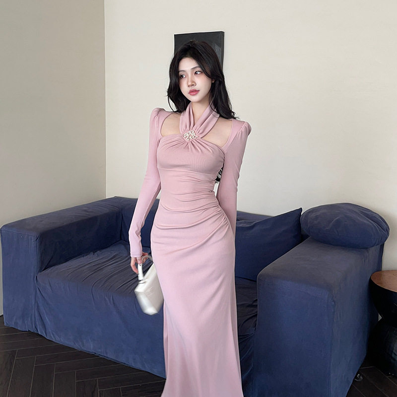 SPICY French Gentle Style Square Neck Halter Dress Women Silm Slim Looking Waist Long Skirt Super Nice Skirt