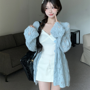 轻盈浮雕镂空外套女2024春夏季韩系甜美薄款防晒上衣针织开衫