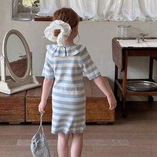 女童条纹连衣裙2025年夏季新款韩版儿童短袖针织裙宝宝冰丝长裙子
