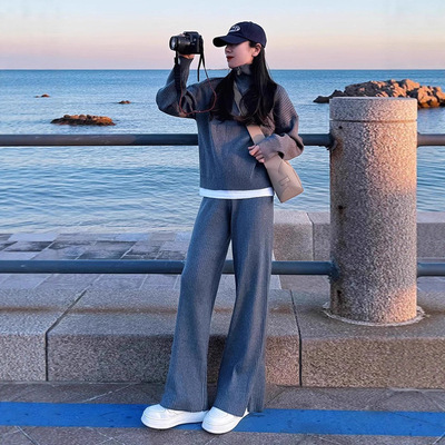 慵懒风时尚休闲针织套装女冬装2025新款气质灰色毛衣阔腿裤两件套