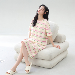 带胸垫韩版 纯棉短袖 薄款 大码 家居服 2024年新款 中裙夏款 睡裙女夏季