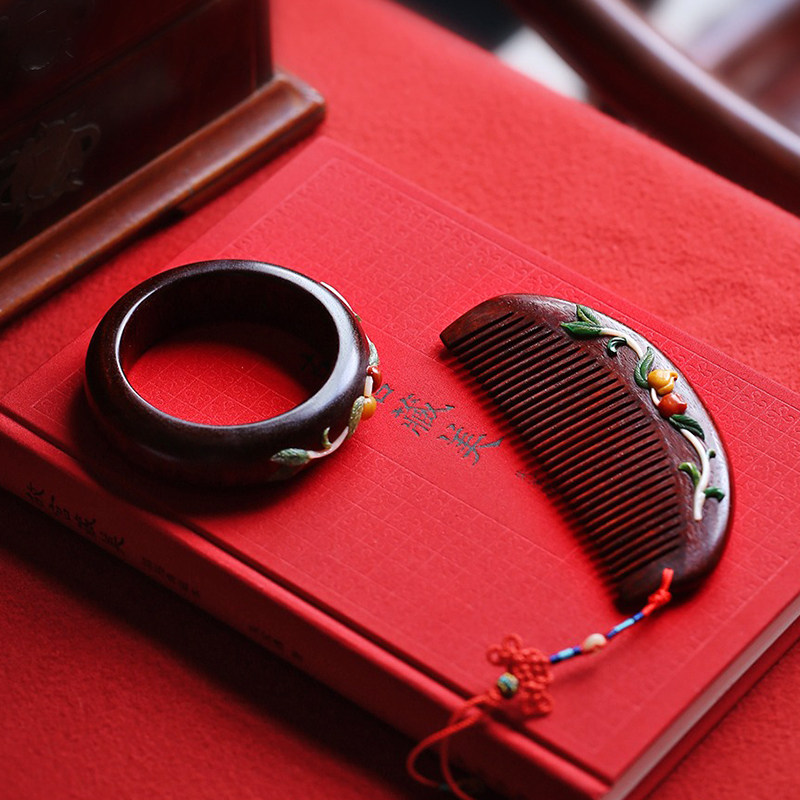 印度小叶紫檀红木梳子复古实木百宝镶嵌手镯结婚陪嫁梳妆礼盒套装