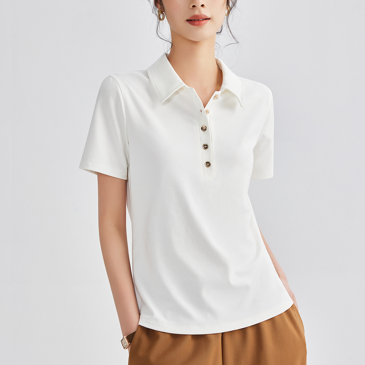2025夏季新款轻氧感翻领休闲短袖T恤女白色修身显瘦正肩polo小衫