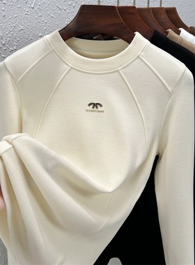 圆领德绒打底衫女秋季长袖内搭双面绒2025新款修身显瘦白色加厚