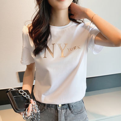 2021夏装新款短袖女白色t恤韩版纯棉印花字母修身大码宽松圆领潮