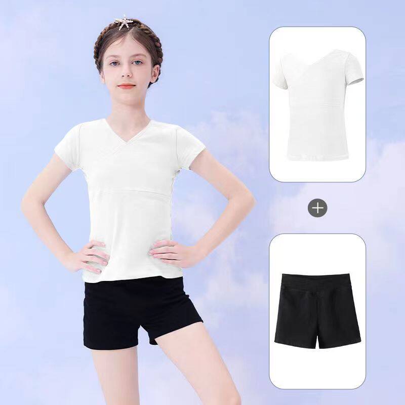 儿童舞蹈上衣女短袖练功服女童夏季芭蕾舞蹈服黑色短裤少儿形体服