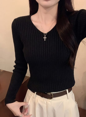 春秋冬设计感坑条v领修身紧身长袖打底针织衫上衣黑色毛衣女内搭