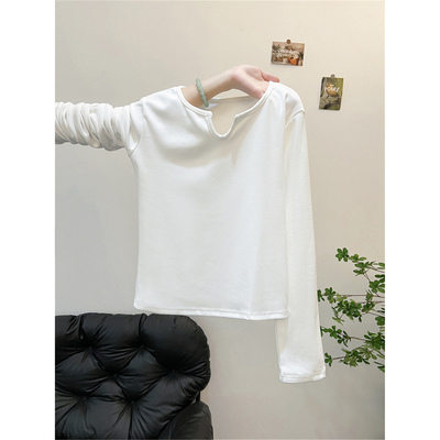 秋冬季白色内搭v领修身紧身长袖t恤女加厚保暖磨毛德绒打底衫上衣