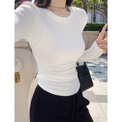 德绒白色t恤女长袖春秋冬内搭圆领修身短款辣妹纯欲打底小衫上衣