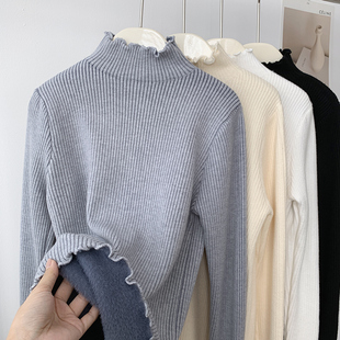 灰色毛衣女秋冬季木耳边半高领加厚一体绒保暖长袖打底针织衫上衣