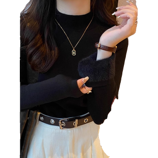 黑色毛衣女打底衫秋冬新款半高领内搭保暖加厚加绒长袖针织衫上衣