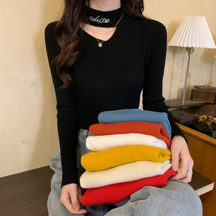 新款 上衣春秋薄款 半高领修身 打底针织衫 镂空内搭毛衣女 长袖 秋冬季