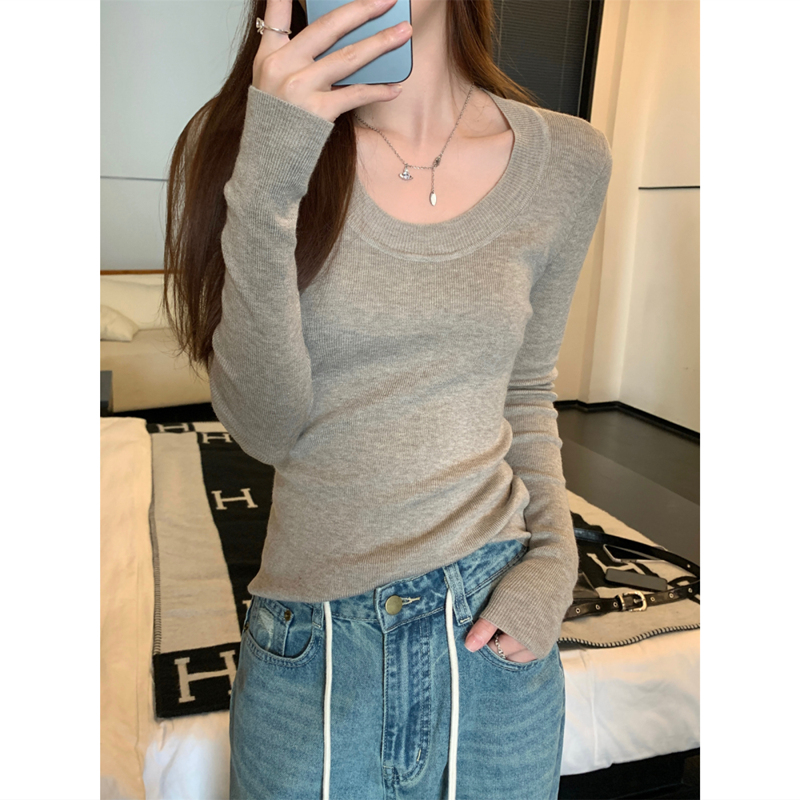 春秋圆领长袖打底针织衫上衣秋冬内搭法式别致短款显瘦低领毛衣女