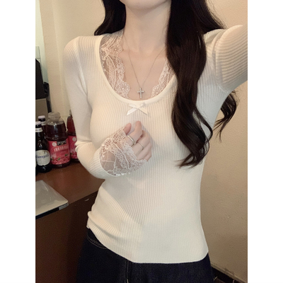 秋冬季纯欲风蕾丝花边修身显瘦长袖打底针织衫上衣紧身内搭毛衣女