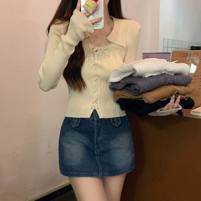 Polo领针织衫女春秋冬季韩系小个子短款上衣修身内搭长袖打底毛衣